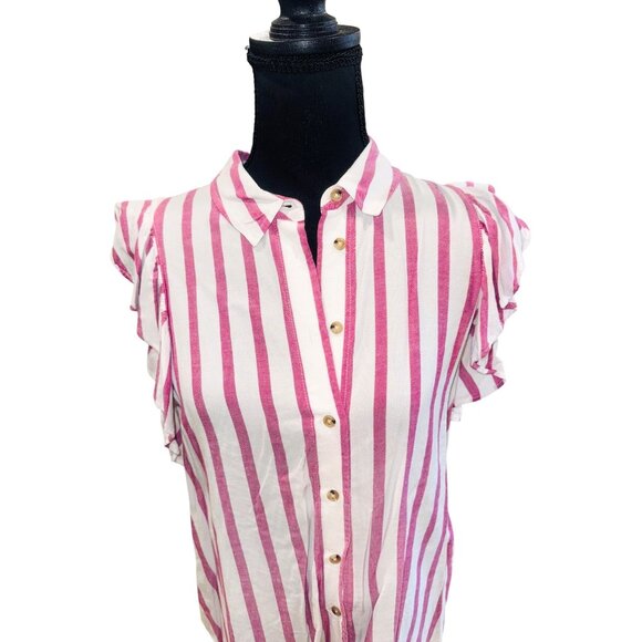 Anthropologie Maeve Fairhope Striped Button Down Flutter Sleeve Top Red White S - Picture 3 of 10